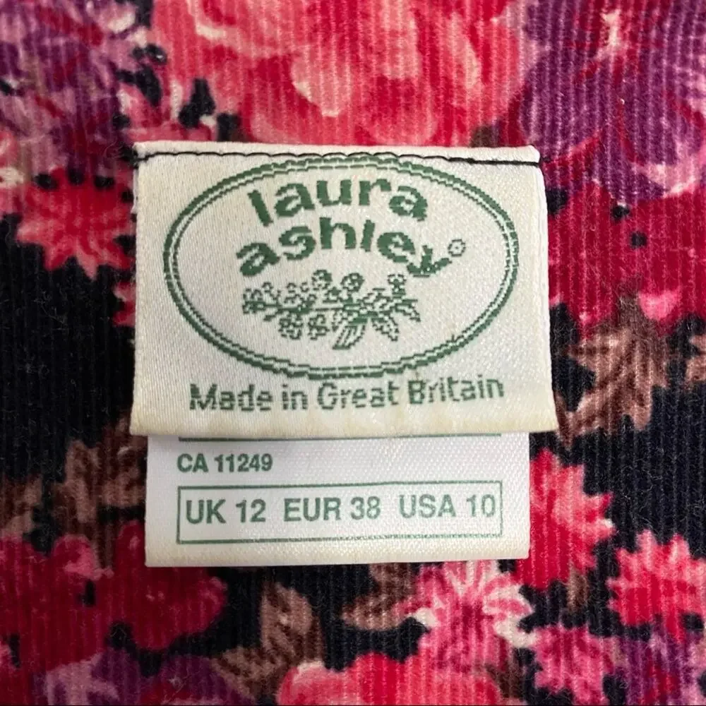 Laura Ashley Vintage Floral Corduroy Dress Womens Size 10 Pink Black Velvet Trim - Picture 13 of 16
